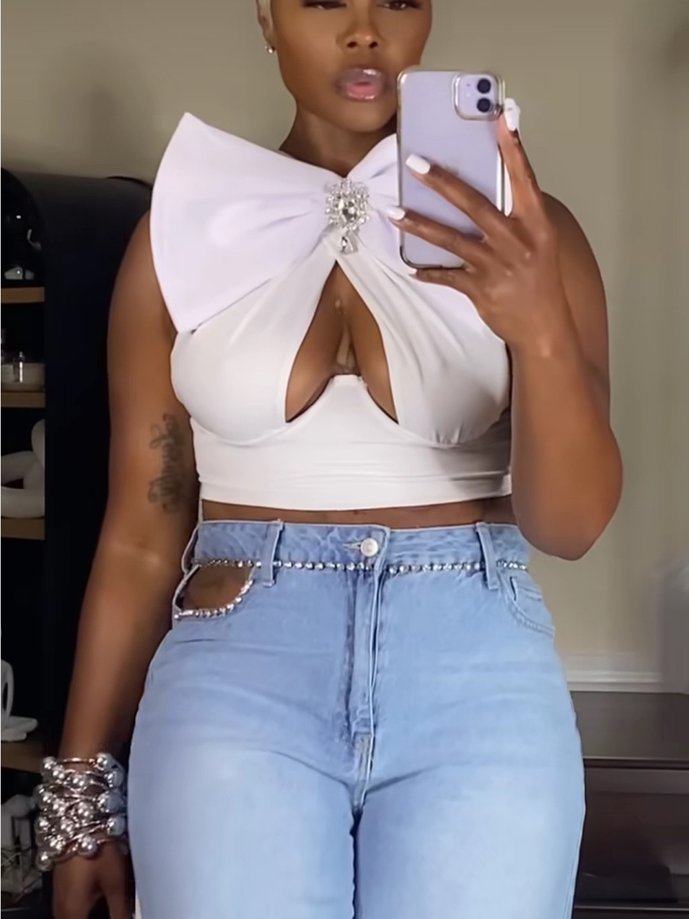 Black Bow-Accent Crop Top with Rhinestone Detail